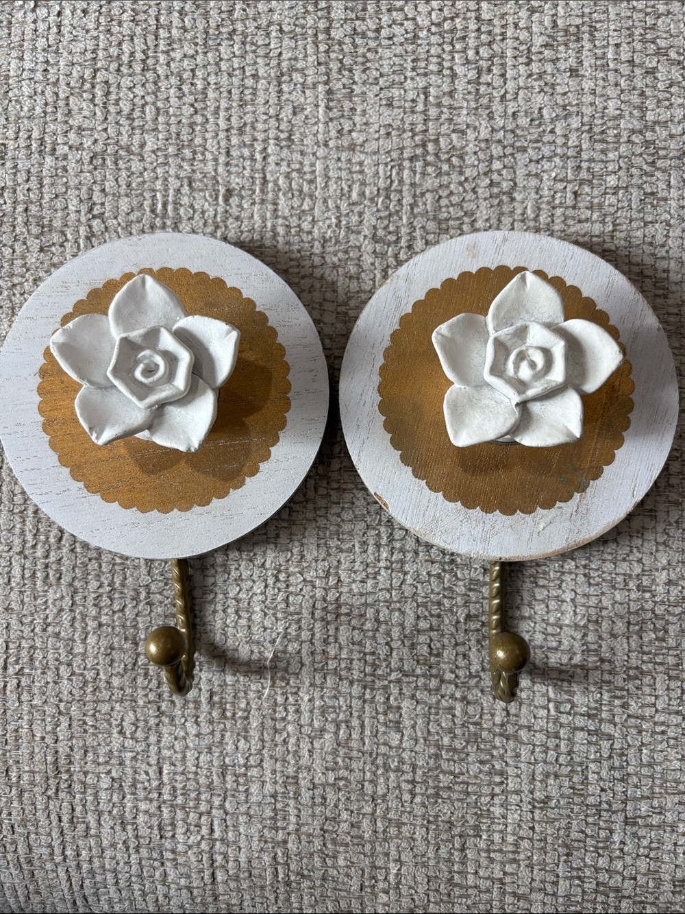 White Floral Wall Hook Pair with Gold Accent - Home Accents